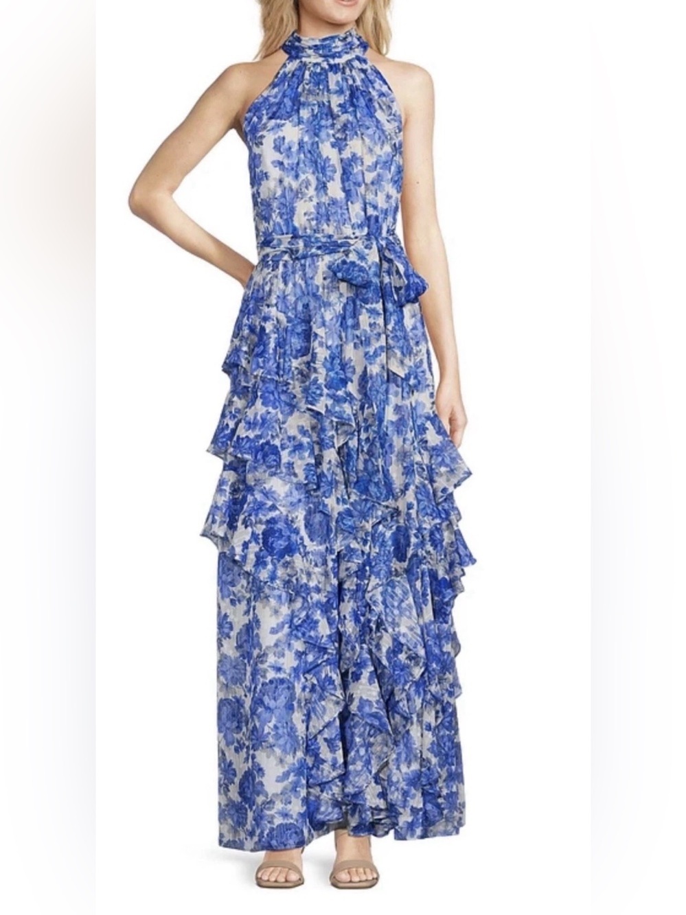 Alex Marie Blue White Ruffle Floral Halter Maxi Dress Wedding Garden Party
